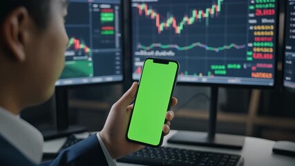 Office worker using smartphone in front of digital financial trading screens. - Powered by Adobe