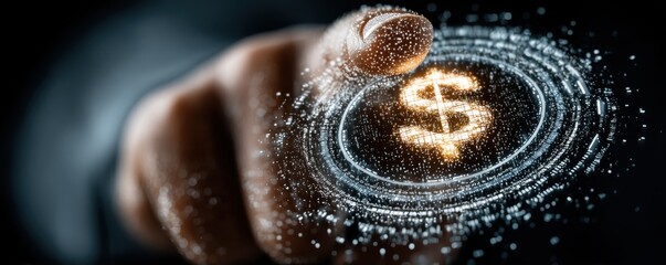 Businessman taps a digital dollar screen, illustrating financial technology and digital money in motion