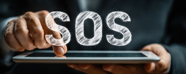 Businessman uses tablet to send an emergency SOS message with a digital mail envelope