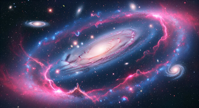 A bright spiral galaxy in the dark cosmos with scattered stars, nebula, and blue light - Powered by Adobe