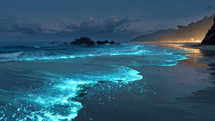 the beach under the starry sky, glowing bioluminescent plankton on the shore, waves lapping at it, creating an enchanting scene. the blue glow illuminates the night landscape and adds magic to nature'