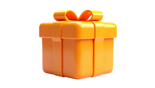 A bright, solid orange present, square-shaped with a ribbon bow, on black