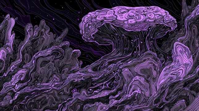 An abstract, surreal landscape rendered in shades of purple and black, featuring organic, flowing shapes and textures that resemble alien flora or geological fo