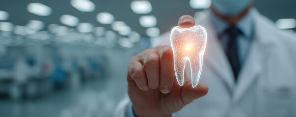Dentist shows digital hologram of a tooth in a modern clinic during patient care