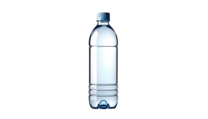 Isolated transparent plastic bottle, filled with water, against a black background