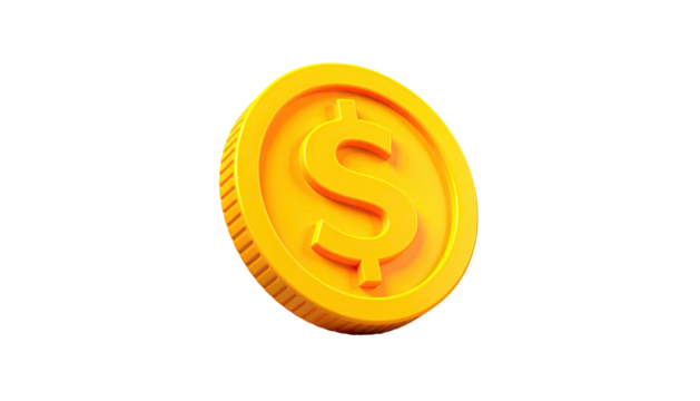 A 3D-rendered gold coin with a dollar sign, floating against a black background