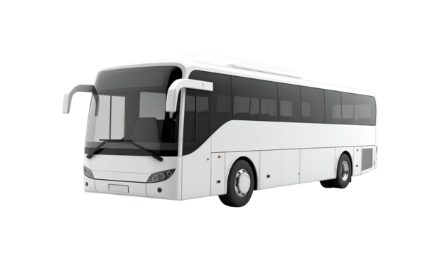 Modern white passenger coach bus, isolated on a transparent background
