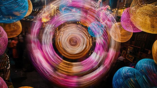 A dynamic, blurred motion shot of a night market with vibrant, swirling lights and large, woven lanterns in various colors like pink, blue, and yellow, creating