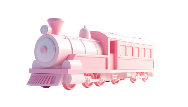 A monochromatic pink toy train on a black background, rendered in a simple 3D style