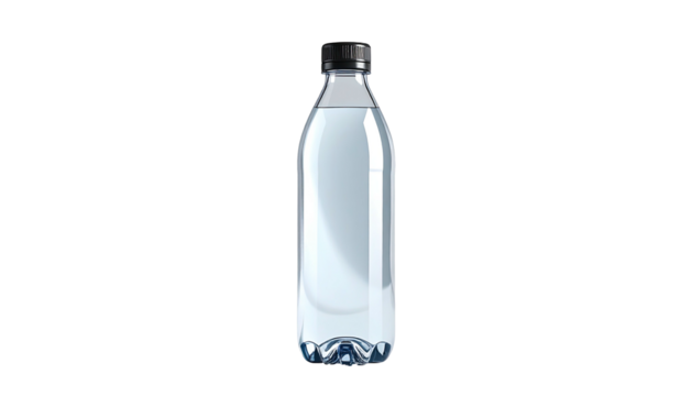 Transparent plastic bottle, filled with clear liquid, against a black background