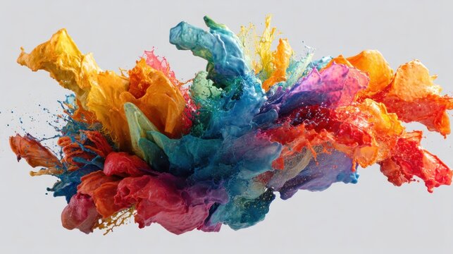 A colorful explosion of vibrant colors, including blue, orange, yellow, and red, with a mix of textures and patterns, against a white background.