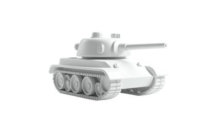 A 3D render of a white, stylized tank set against a stark black background