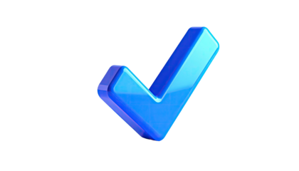 A glossy, 3D blue checkmark floats isolated against a black background