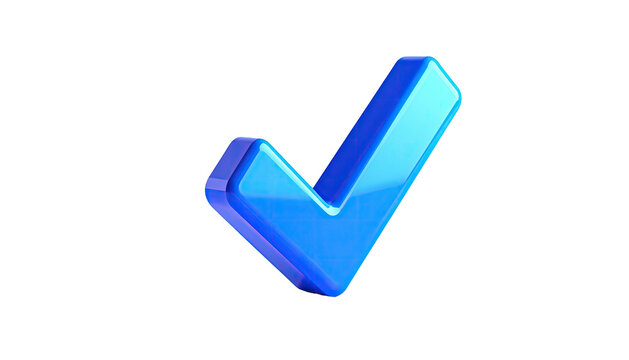 A glossy, 3D blue checkmark floats isolated against a black background