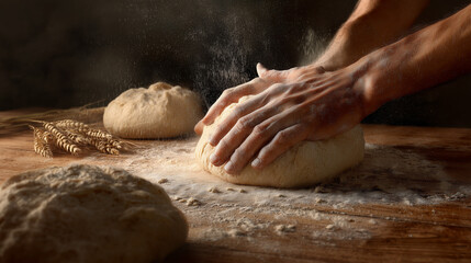 Baker pressing dough on floured wooden table with wheat stalks