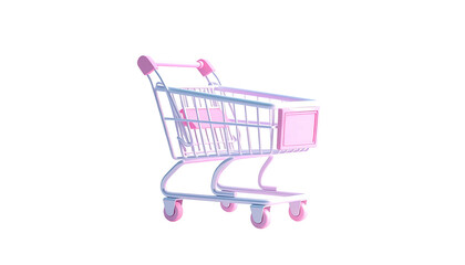 A small, pink shopping cart against a stark black background, isolated