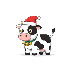 Cute cartoon cow wearing a red Santa hat and a green collar with jingle bells, isolated on a white background for the Christmas holiday season.