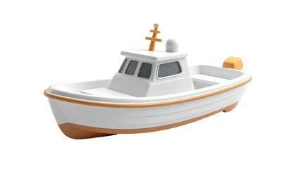 Cartoon boat model, white with tan trim and an antenna, isolated on black