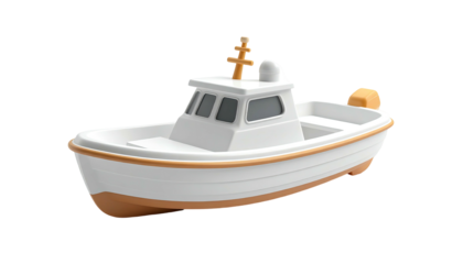 Cartoon boat model, white with tan trim and an antenna, isolated on black