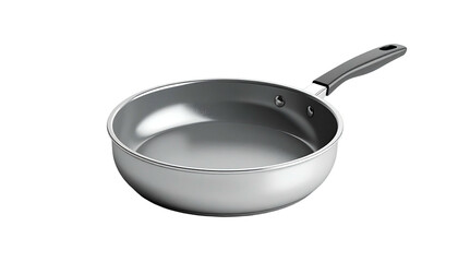 Shiny, empty, gray frying pan with a long, black handle on a dark background