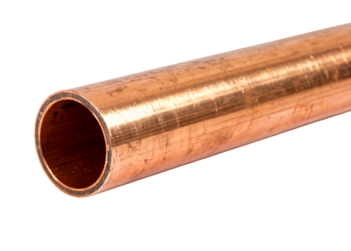 Close up of a clean copper pipe section showing its metallic texture and hollow interior for plumbing and construction applications