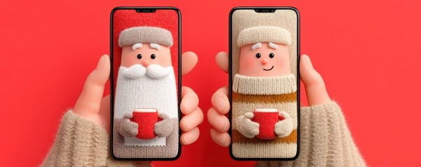Two smartphones show knitted Santa characters held by cozy hands for a warm Christmas moment