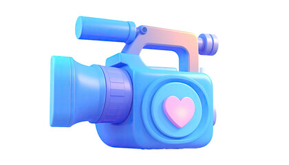 3D rendered camera in blue, with a heart, isolated on black