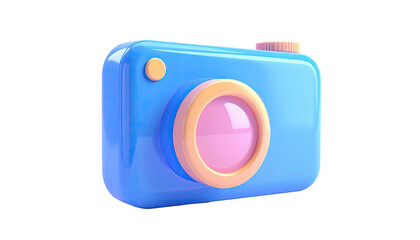 Glossy 3D cartoon camera in blue, pink, and peach colors against black