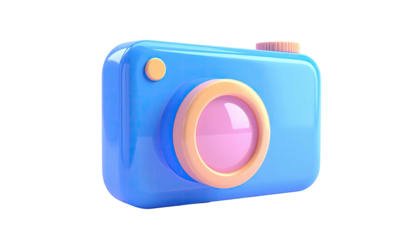 Glossy 3D cartoon camera in blue, pink, and peach colors against black