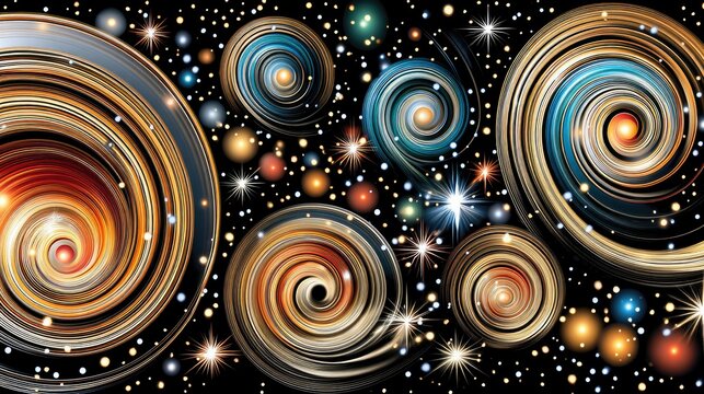 Abstract depiction of colorful, swirling galaxies and bright stars against a dark, cosmic background.
