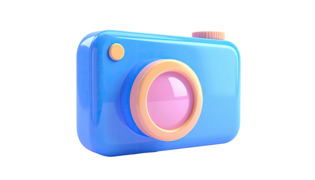 Glossy 3D cartoon camera in blue, pink, and peach colors against black - Powered by Adobe