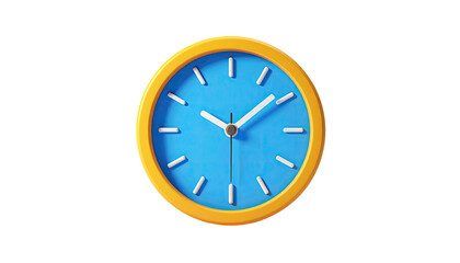 Rendered image of a simple, circular analog clock with a yellow frame