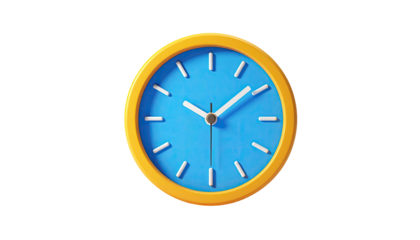 Rendered image of a simple, circular analog clock with a yellow frame
