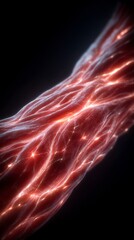 Macro view of glowing neural pathways resembling muscle fibers against a dark background
