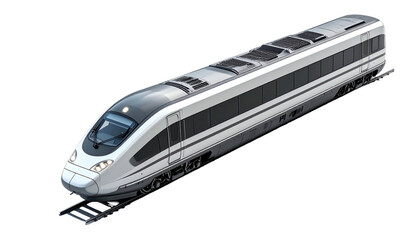 Sleek, aerodynamic, modern high-speed passenger train on tracks, angled view