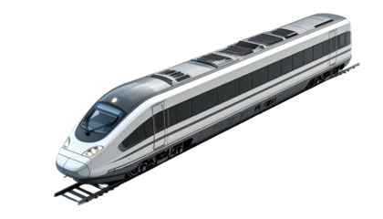 Sleek, aerodynamic, modern high-speed passenger train on tracks, angled view