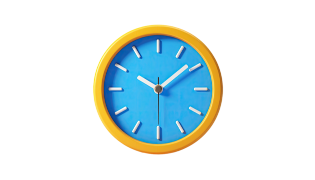 Rendered image of a simple, circular analog clock with a yellow frame