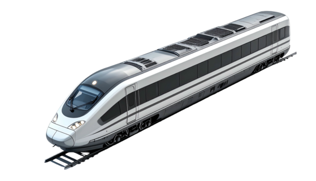 Sleek, aerodynamic, modern high-speed passenger train on tracks, angled view