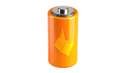 3D render of a glossy orange battery cell with a yellow/orange flame icon