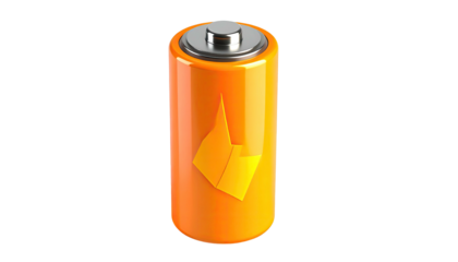 3D render of a glossy orange battery cell with a yellow/orange flame icon
