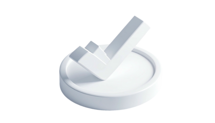 A glossy white checkmark, slightly tilted, rests atop a circular platform