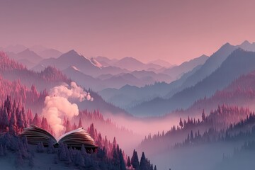 Open book rests on a snowy mountain ridge as pink twilight fog wraps the forest