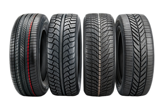 A diverse collection of four car tires with distinct tread patterns, showcasing different types of tire designs for various road conditions and applications, ideal for automotive