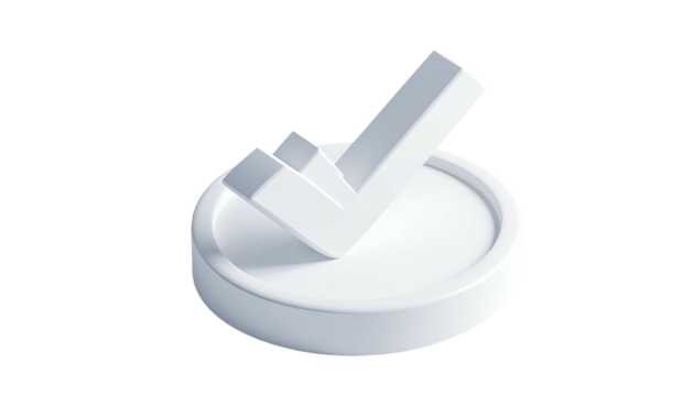 A glossy white checkmark, slightly tilted, rests atop a circular platform