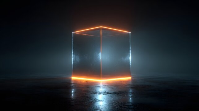 Glowing neon edges define the form of a transparent geometric shape suspended in darkness
