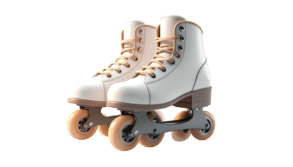 Pair of white and tan roller skates isolated on a black background