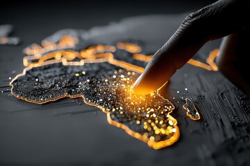 Hand touching a glowing digital world map highlighting global connectivity and data networks