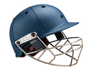 Dark blue metallic cricket helmet with protective face grill for batsman protection in sports and athletic activities for competitive play