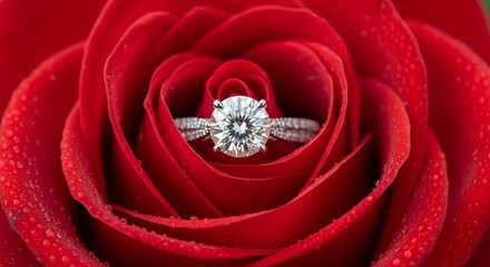 Sparkling oval diamond engagement ring nestled within the velvety petals of a vibrant red rose