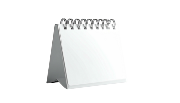 A blank, stand-up calendar on a black background, metal spiral binding visible